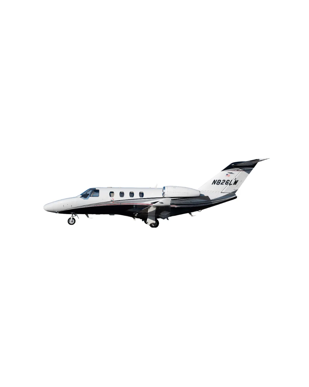 A white business jet with black and red stripes, registration N826LM, on a white background.