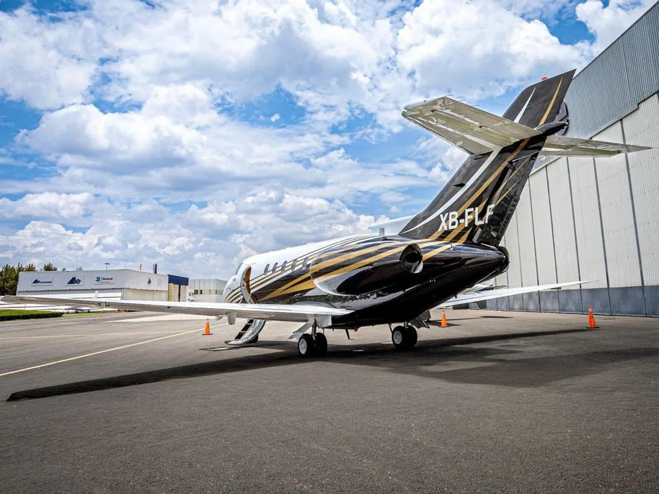 The rear view of a private jet with a black, white, and gold paint scheme, registration XB-FLF, parked on an airfield.