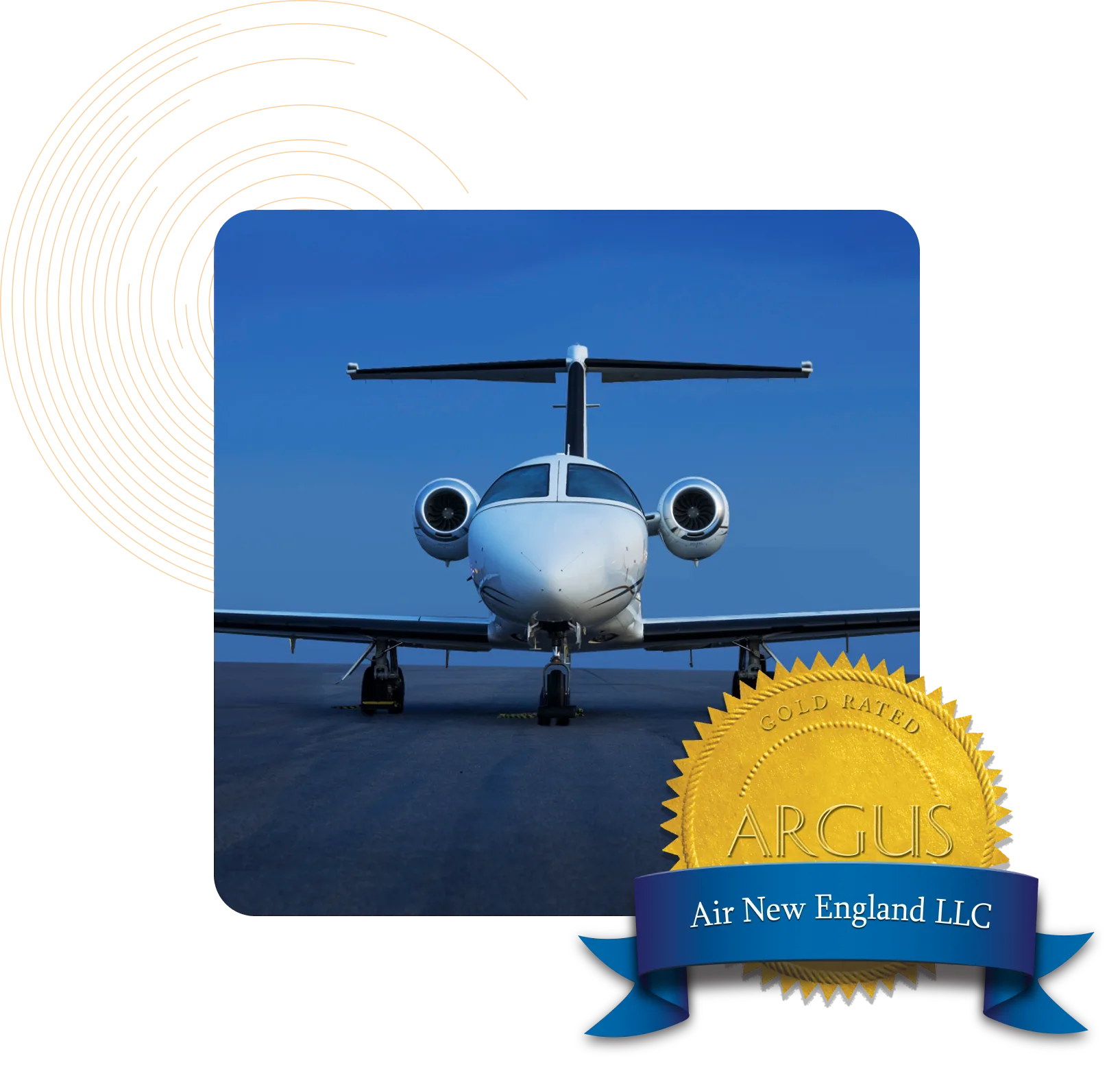 Front view of a white jet with an Argus Gold Rated logo overlay.