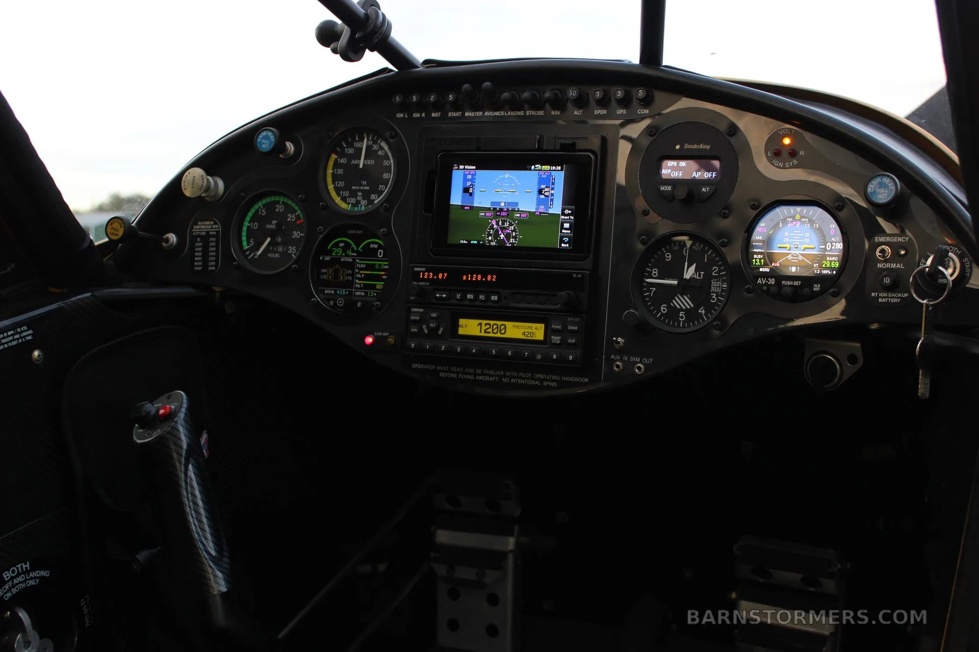 The cockpit instrument panel of a Carbon Cub aircraft, featuring a large display and various gauges.