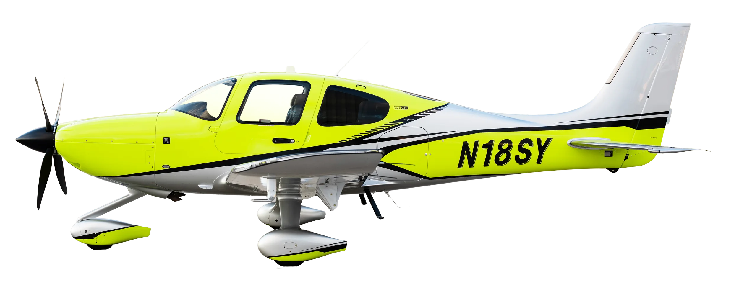 Side view of a Cirrus SR22 aircraft with a neon yellow and silver paint scheme, registration N18SY.