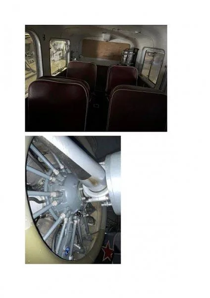 The aircraft's cabin with brown seats is shown in the top image, while the bottom image features a close-up of the radial engine's cylinders and plumbing.