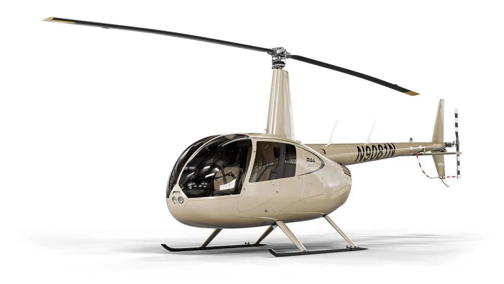 A beige Robinson R44 helicopter with registration N90DDN is shown from a front three-quarter view against a white background.