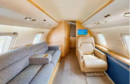 A section of a private jet cabin with a grey fabric sofa, a single beige armchair, and a small screen on the bulkhead.