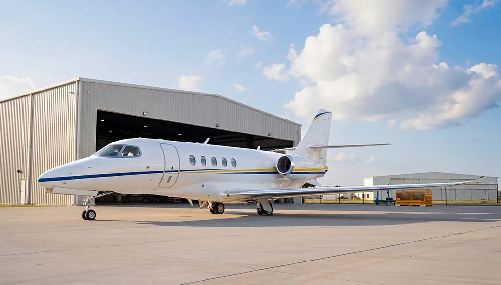 A white Cessna Citation Latitude business jet with blue and yellow stripes parked on a tarmac in front of a hangar.