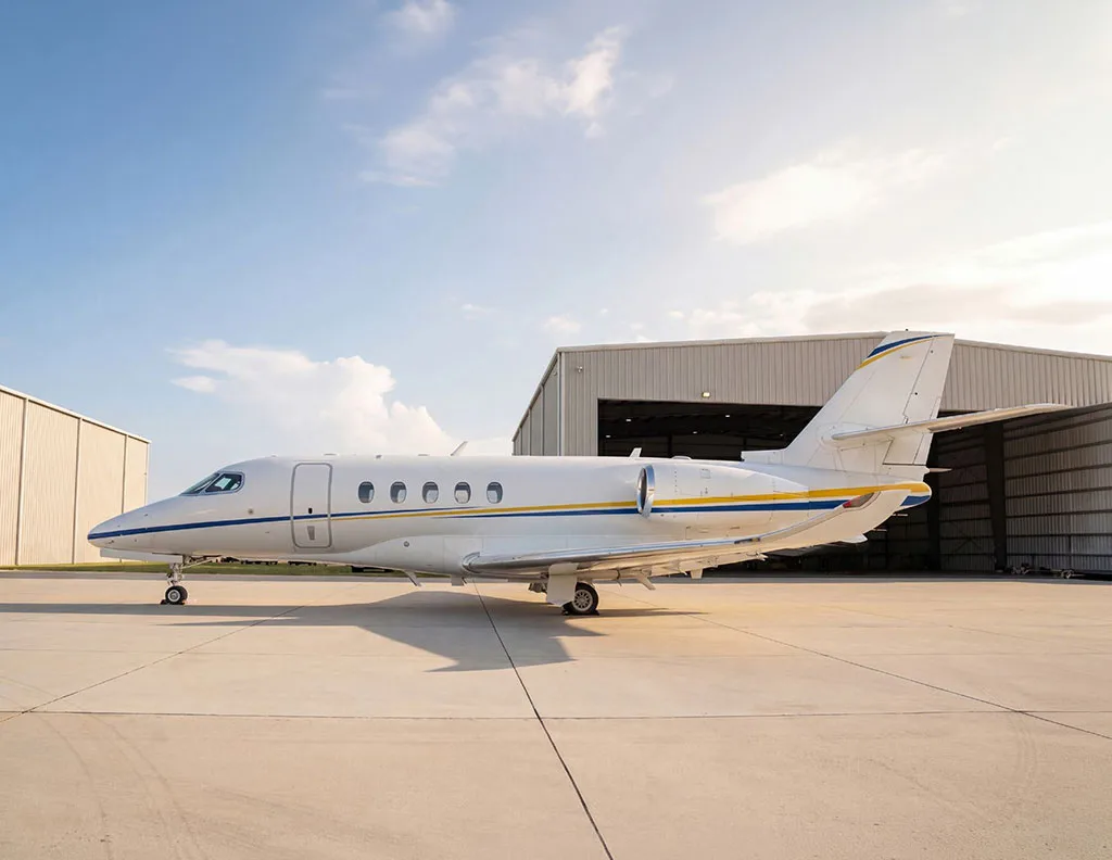 A side view of a white Cessna Citation Latitude business jet with blue and yellow stripes parked on a tarmac.