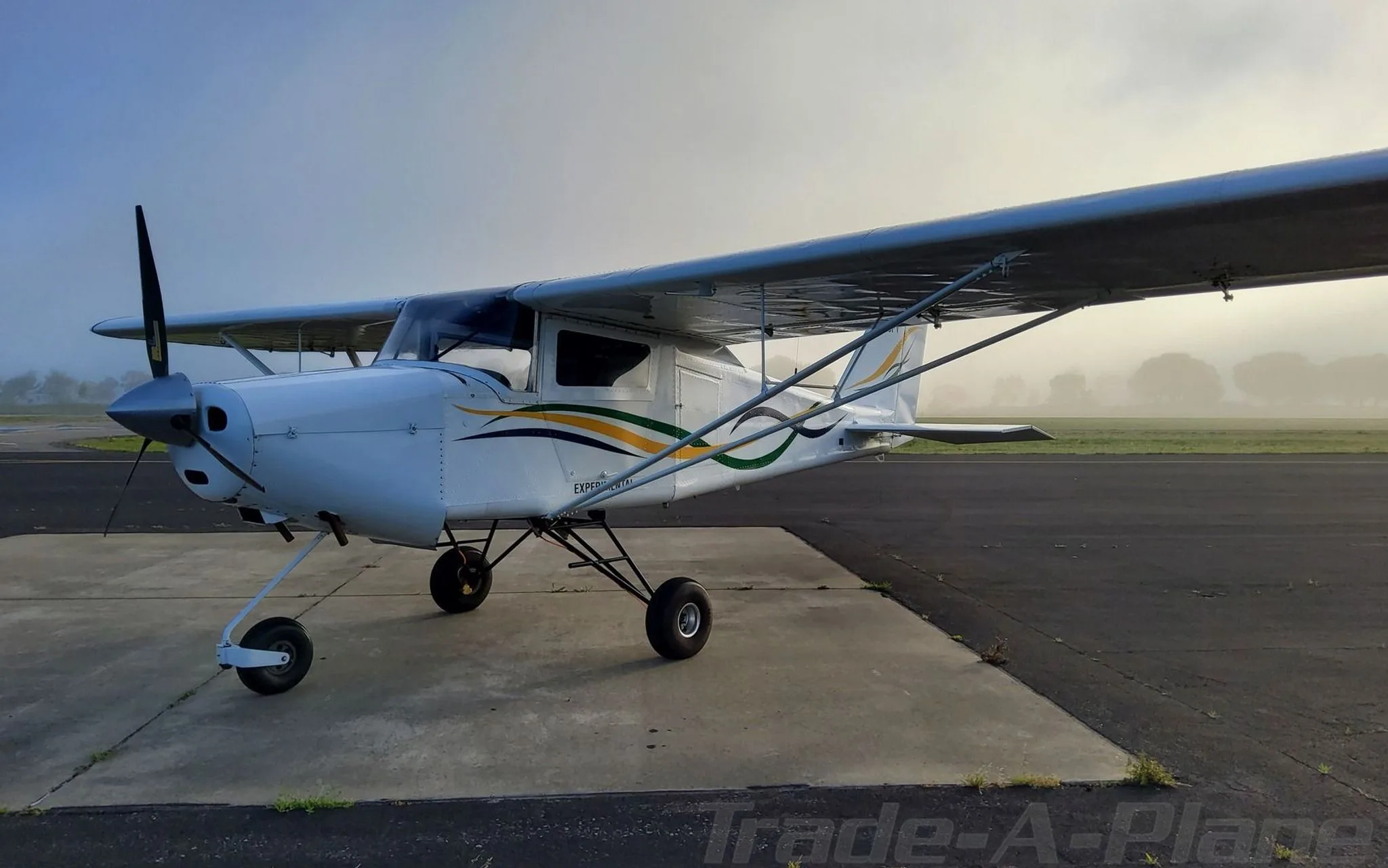 A white BushCaddy aircraft with green, yellow, and black wavy stripes on the fuselage, parked on a tarmac on a foggy morning.