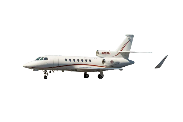 A white business jet with red stripes and registration N883RA, seen from the side on the ground.