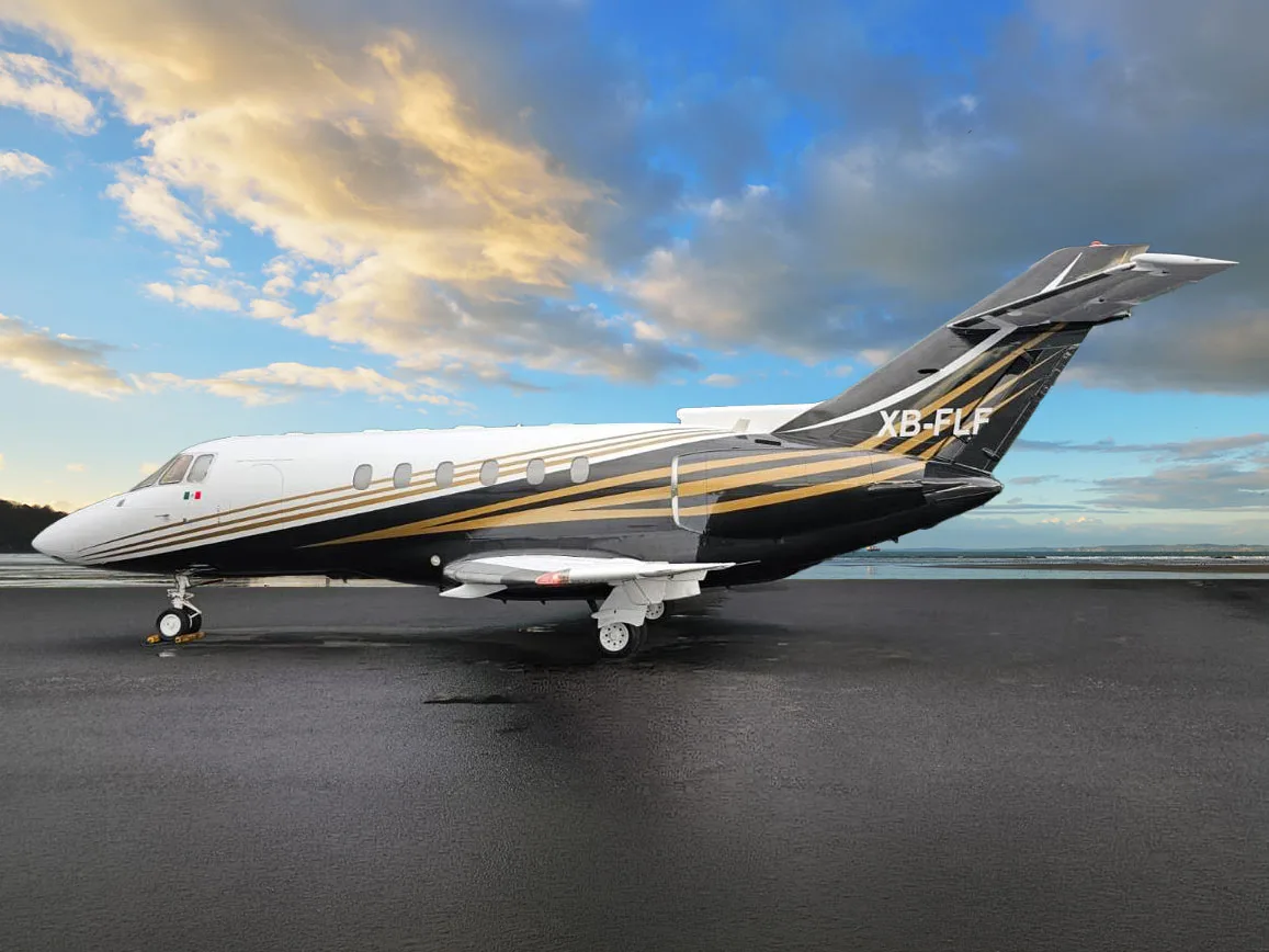 A private jet with a black, white, and gold paint scheme, registration XB-FLF, parked on a wet tarmac under a dramatic sky.