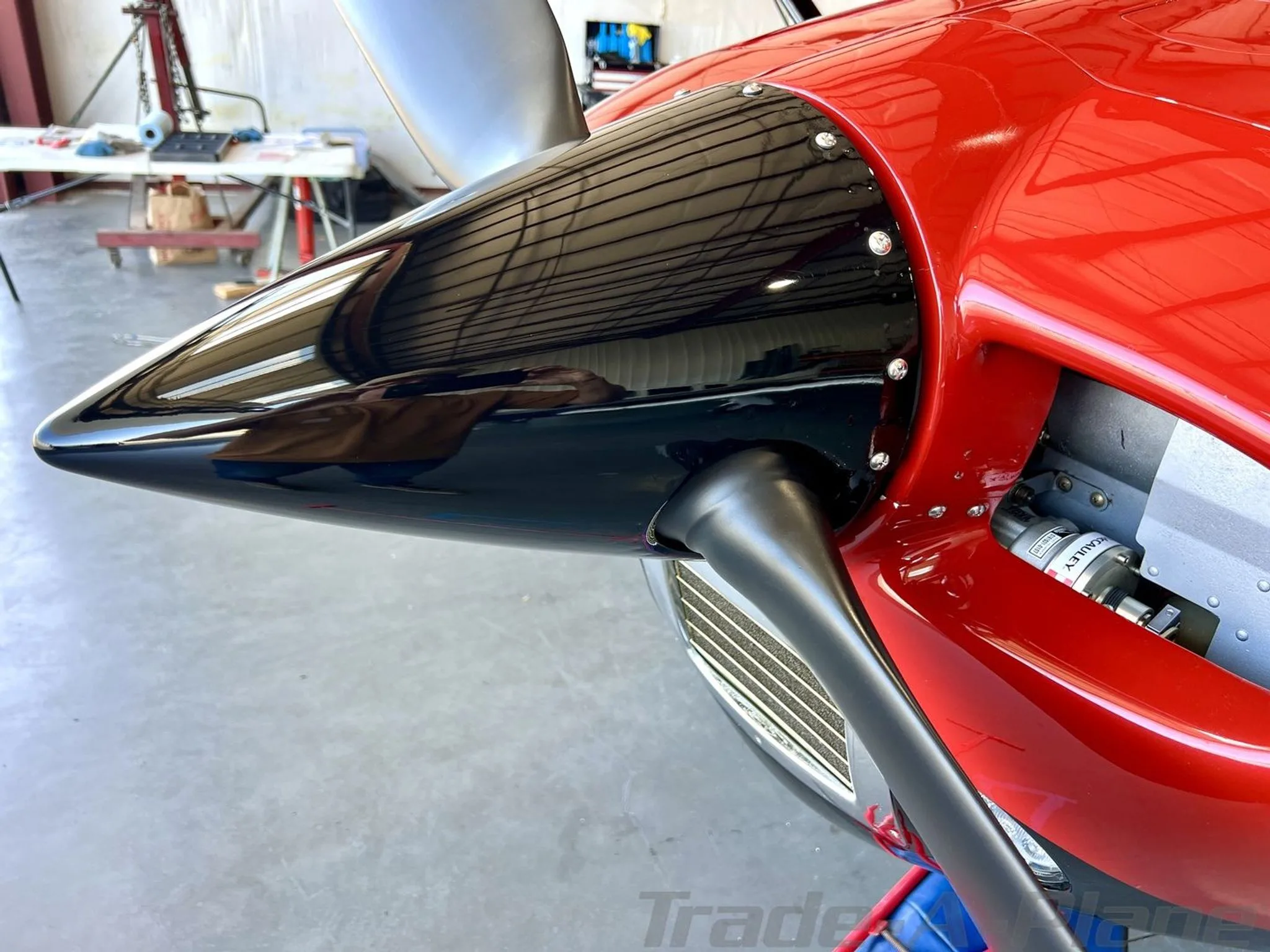 Close-up of the propeller and engine area of the aircraft.