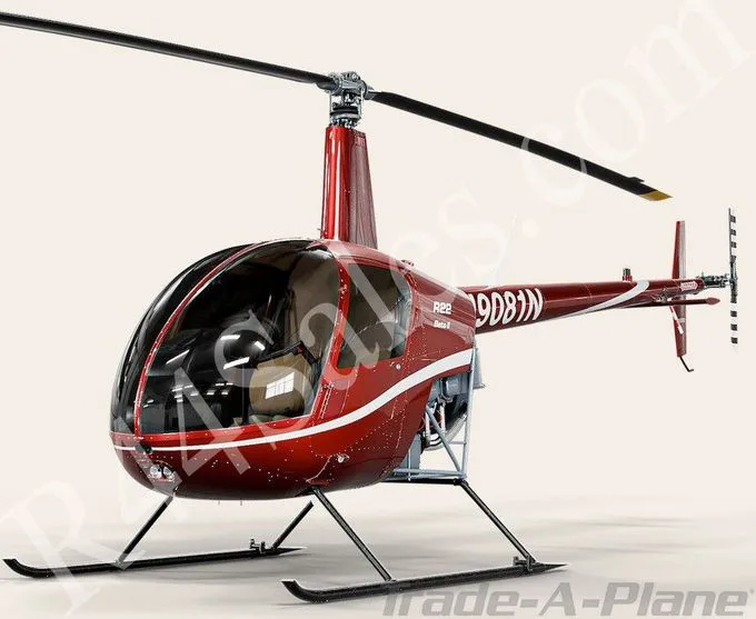 A red Robinson R22 Beta II helicopter with white stripes and registration 9D81N, viewed from the front-left side against a plain background.