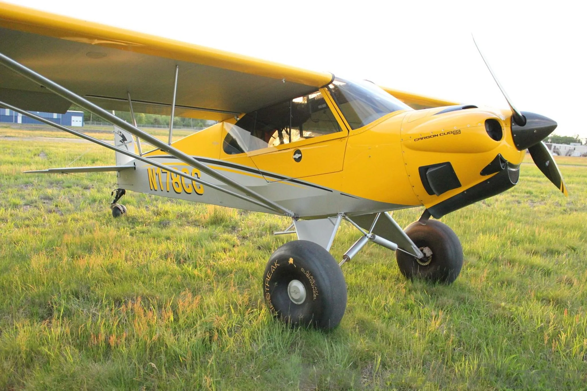 A yellow and grey Carbon Cub aircraft, N178CC, with large tundra tires, parked on a grassy field.