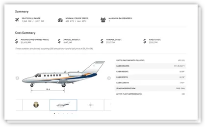 A digital summary screen displaying specifications and cost analysis for a business jet, with a small side profile diagram of the aircraft.
