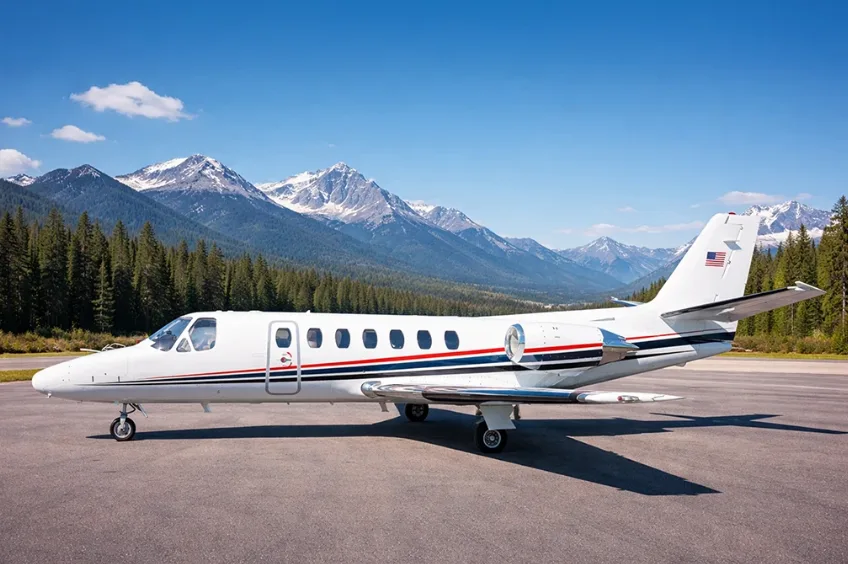 A white private jet with red and blue stripes on the fuselage is parked on an asphalt runway with snow-capped mountains and pine trees in the background.