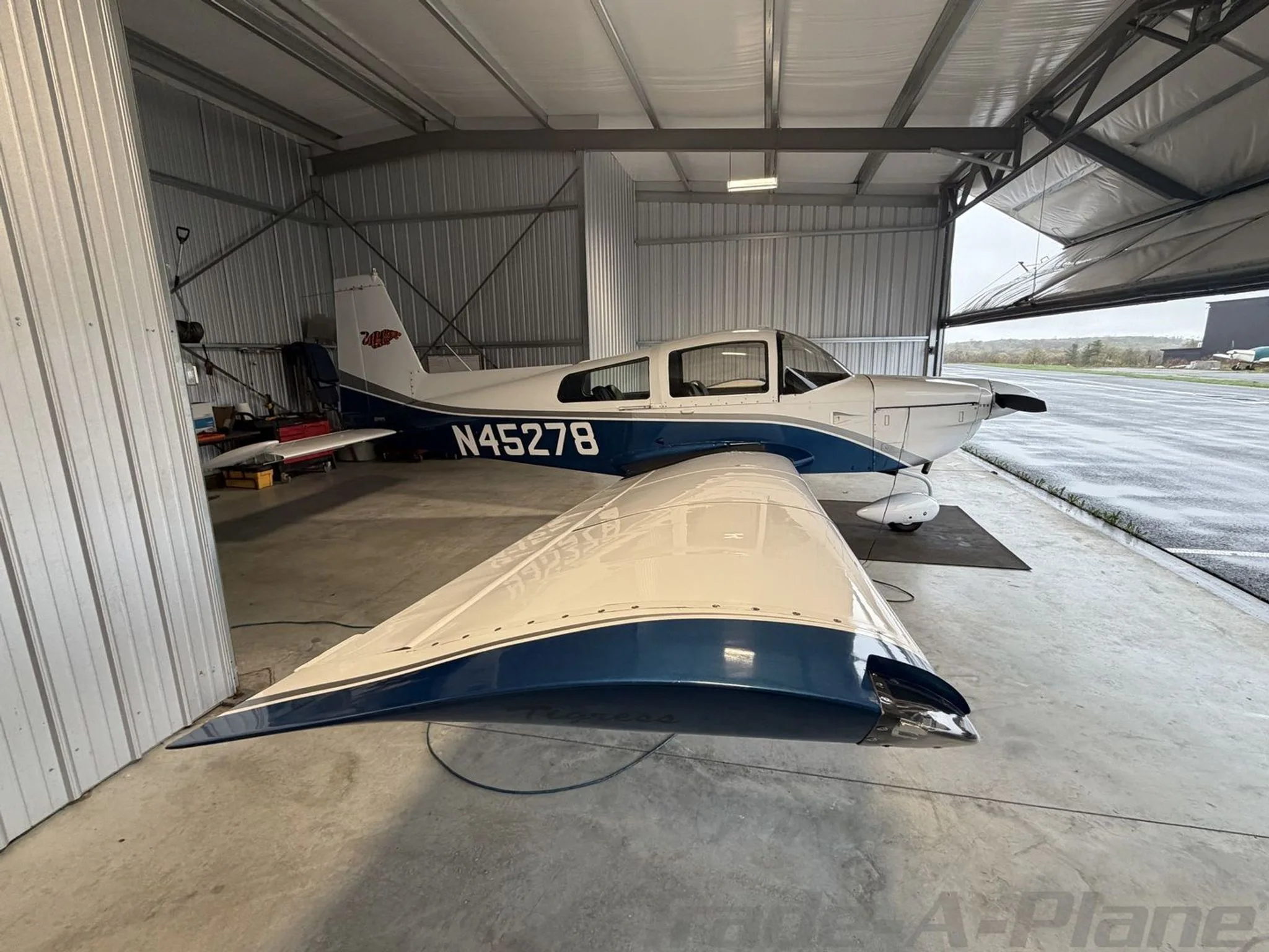 Side-right view of a white and blue Grumman AA-5B Tiger N45278 in a hangar, highlighting the wing.
