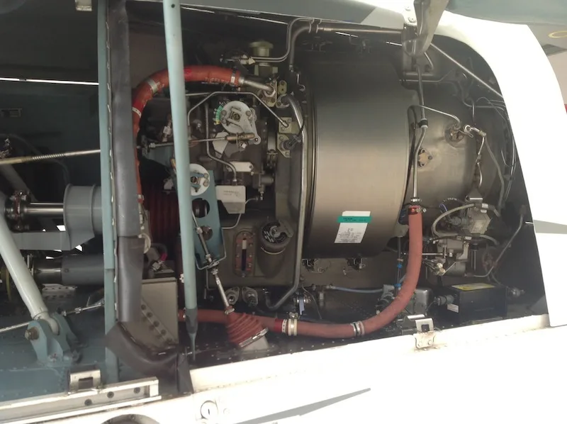 Close-up view of the helicopter engine compartment.