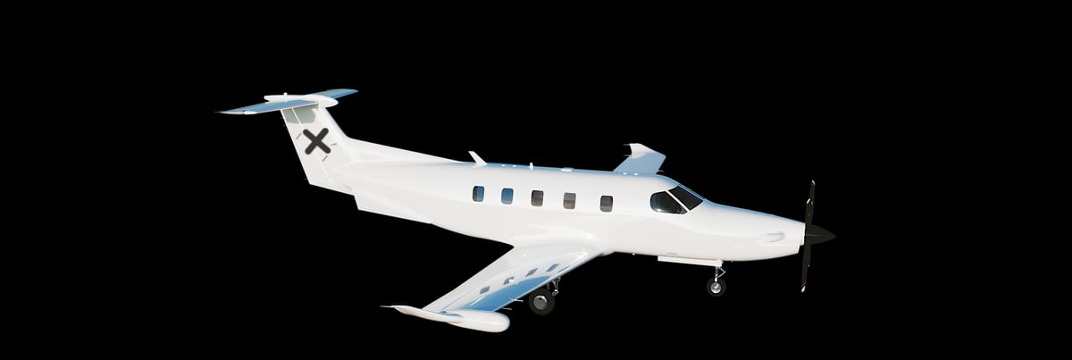 A white single-engine turboprop aircraft with an 'X' logo on its tail is shown against a black background.