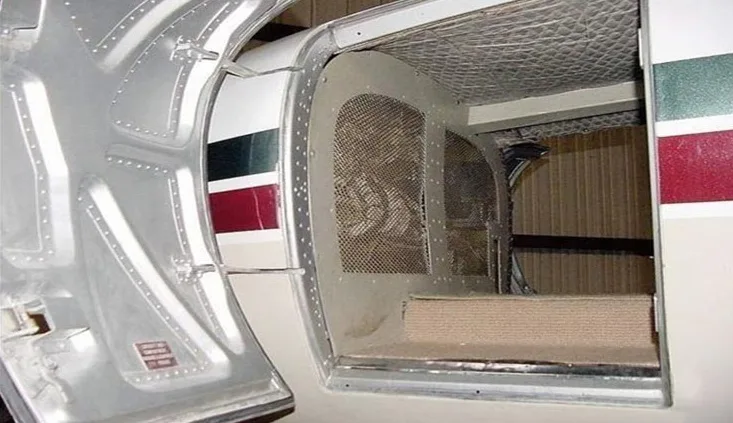 An open cargo door of the aircraft reveals a mesh partition and a carpeted floor inside.