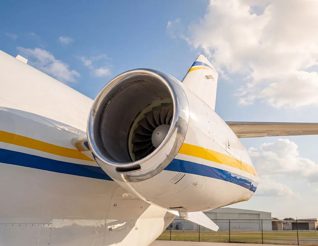 A close-up view of the rear-mounted engine of a white Cessna Citation Latitude, showing the turbine blades.