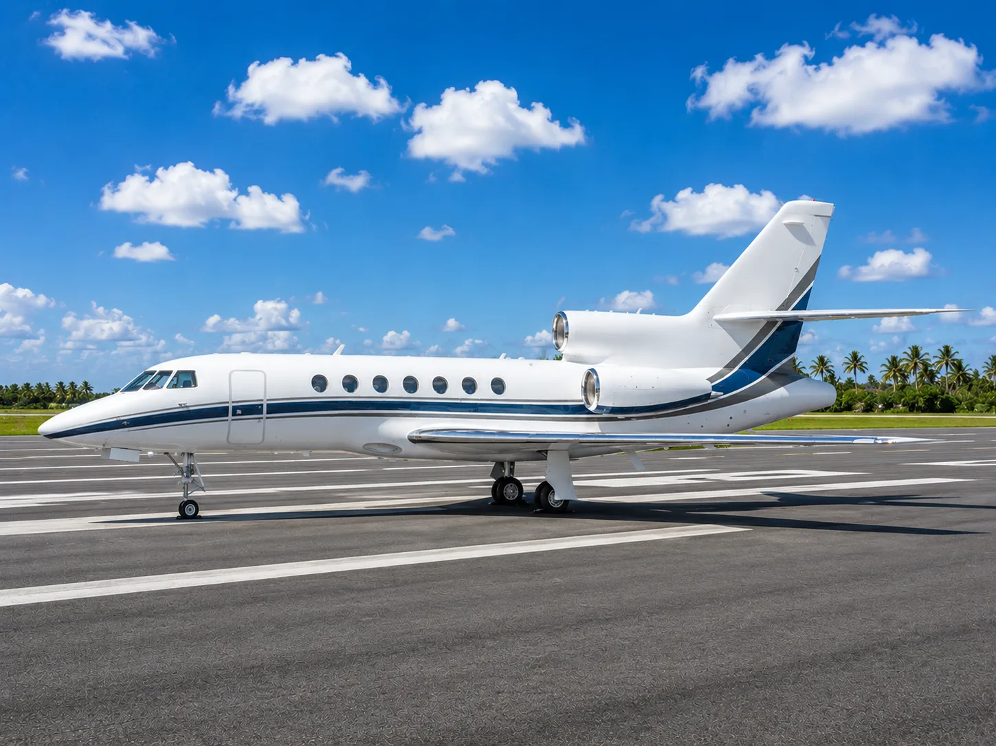 A white private jet with blue and grey stripes is parked on an asphalt runway under a blue sky with white clouds.