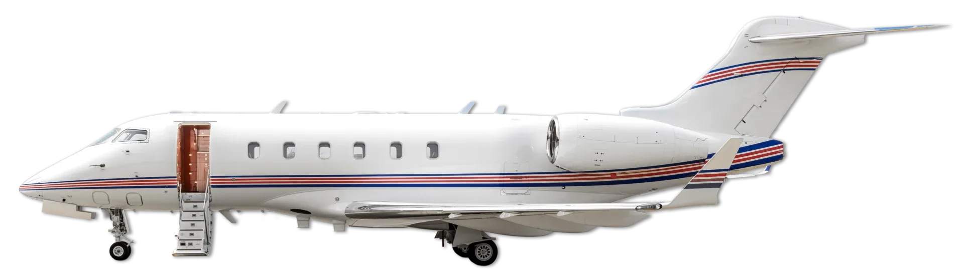 A white business jet with red and blue stripes, main cabin door open with stairs extended, isolated on a black background.