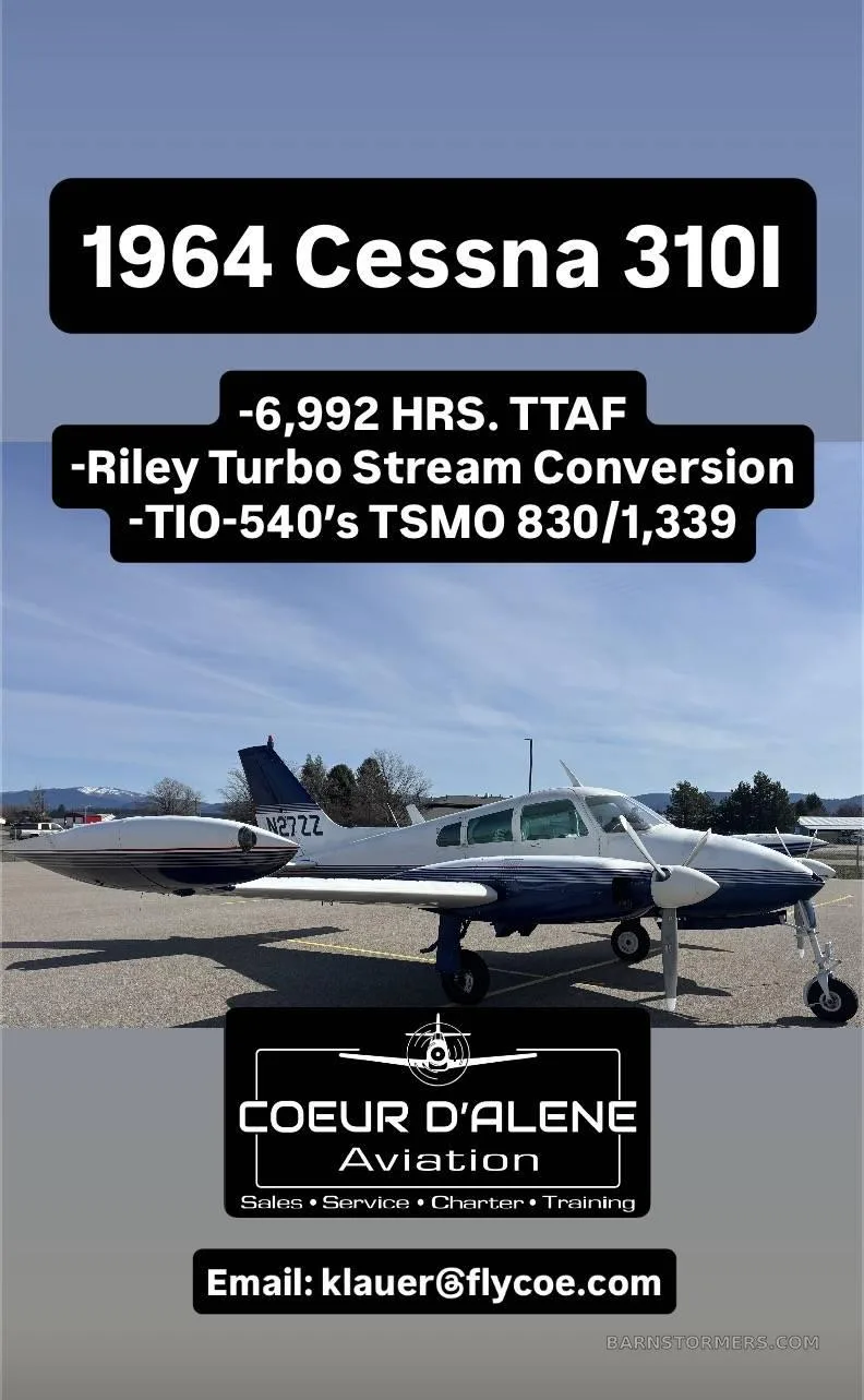 A white and blue 1964 Cessna 310I, registration N27ZZ, parked on an airfield with mountains in the background, overlaid with listing details and a company logo.