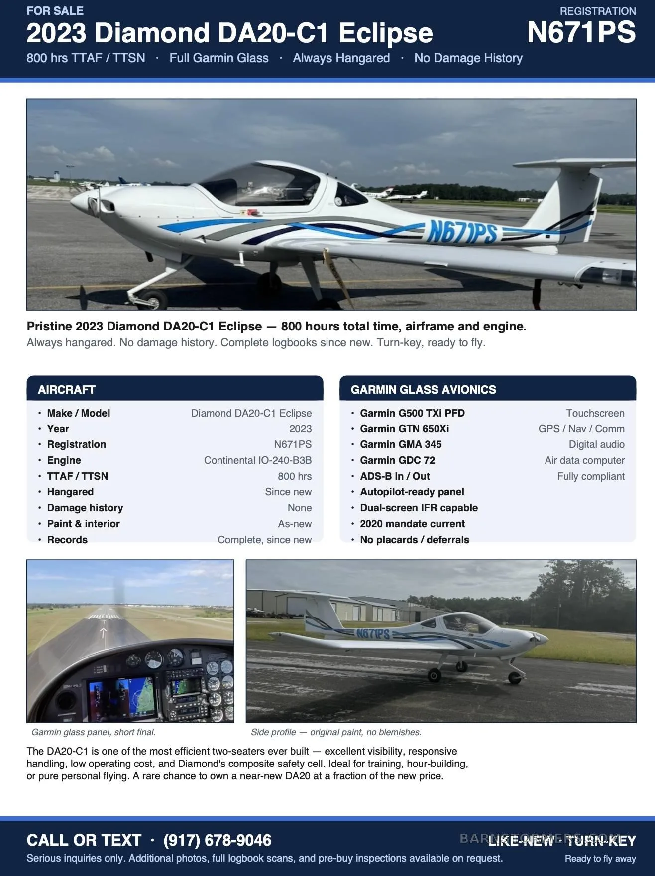 A white Diamond DA20-C1 Eclipse aircraft with blue and grey stripes, registration N671PS, parked on an airfield.