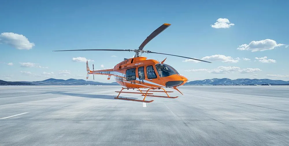 A front-quarter view of an orange and white Bell 407 helicopter with registration B-728M on a snowy airfield.