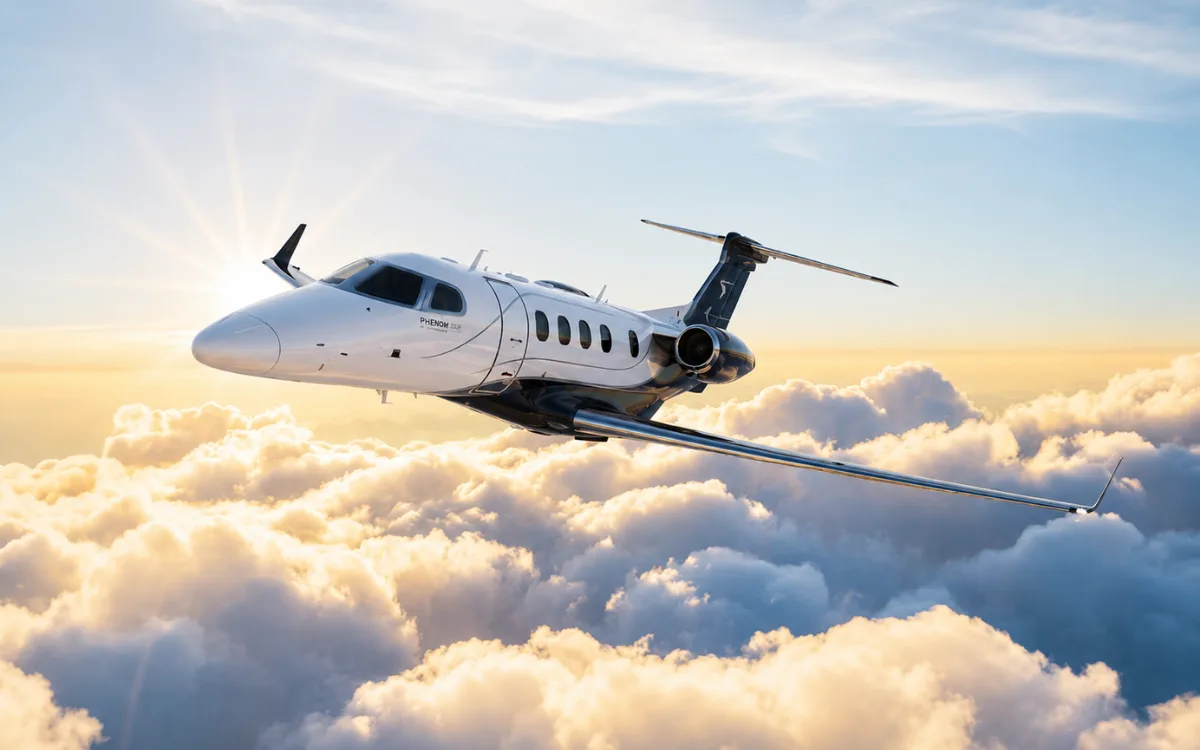 An Embraer Phenom 300E business jet flies above clouds during sunset.