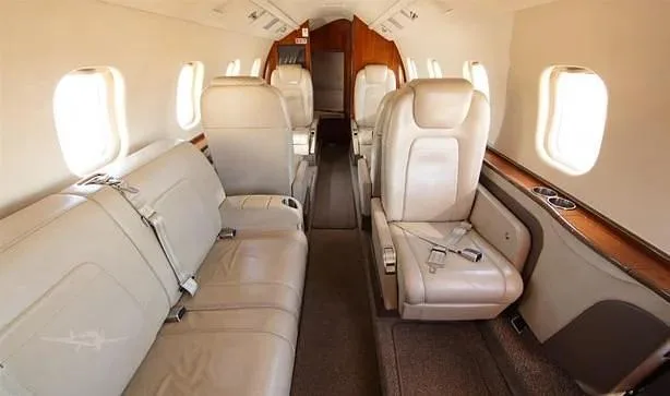 The aircraft cabin shows light beige leather seating, including a side-facing divan and individual seats, with wood accents and windows.