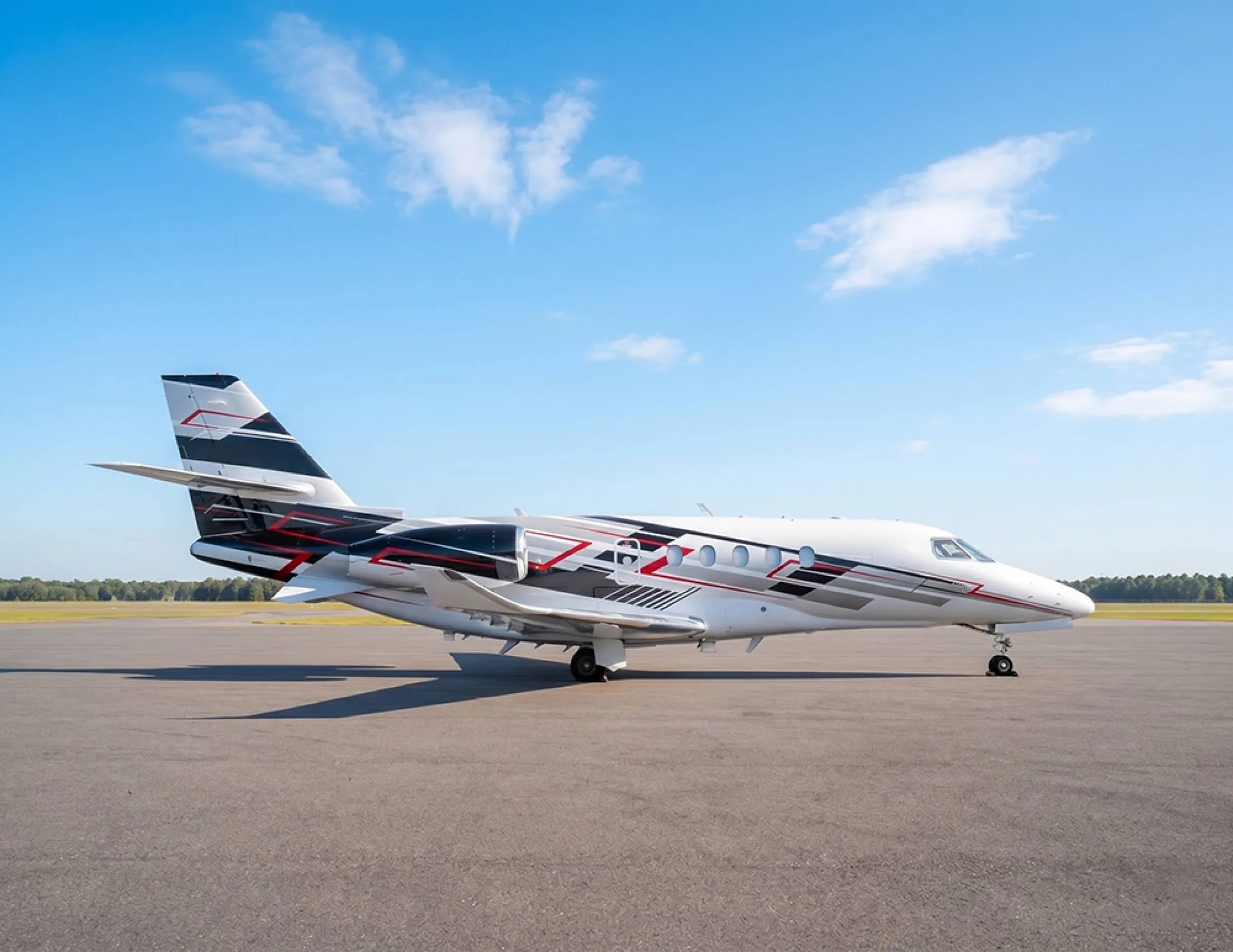 A white business jet with black, red, and grey geometric livery is parked on an asphalt runway, viewed from the side under a blue sky with scattered clouds.