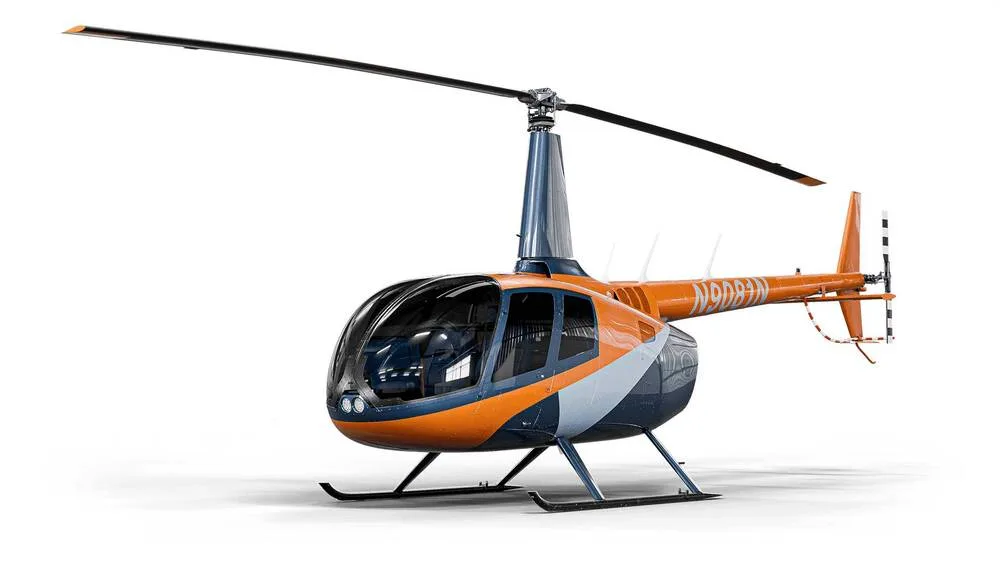 A side view of an orange, blue, and white helicopter with registration N908JN on a white background.