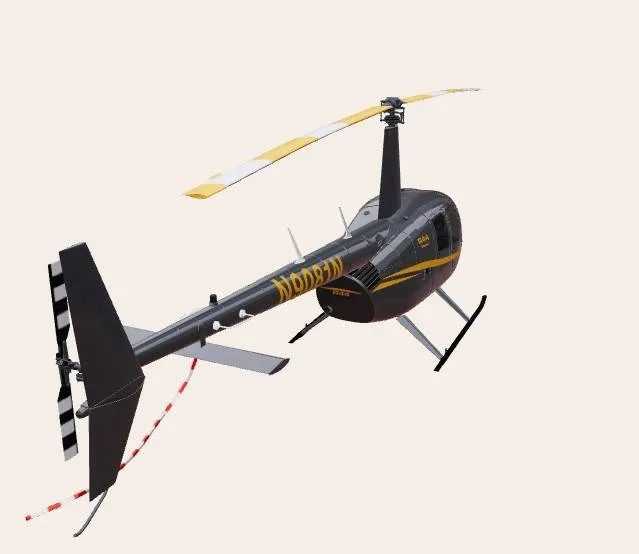A dark gray Robinson R44 helicopter with yellow stripes and registration N9081N, viewed from the rear-right.