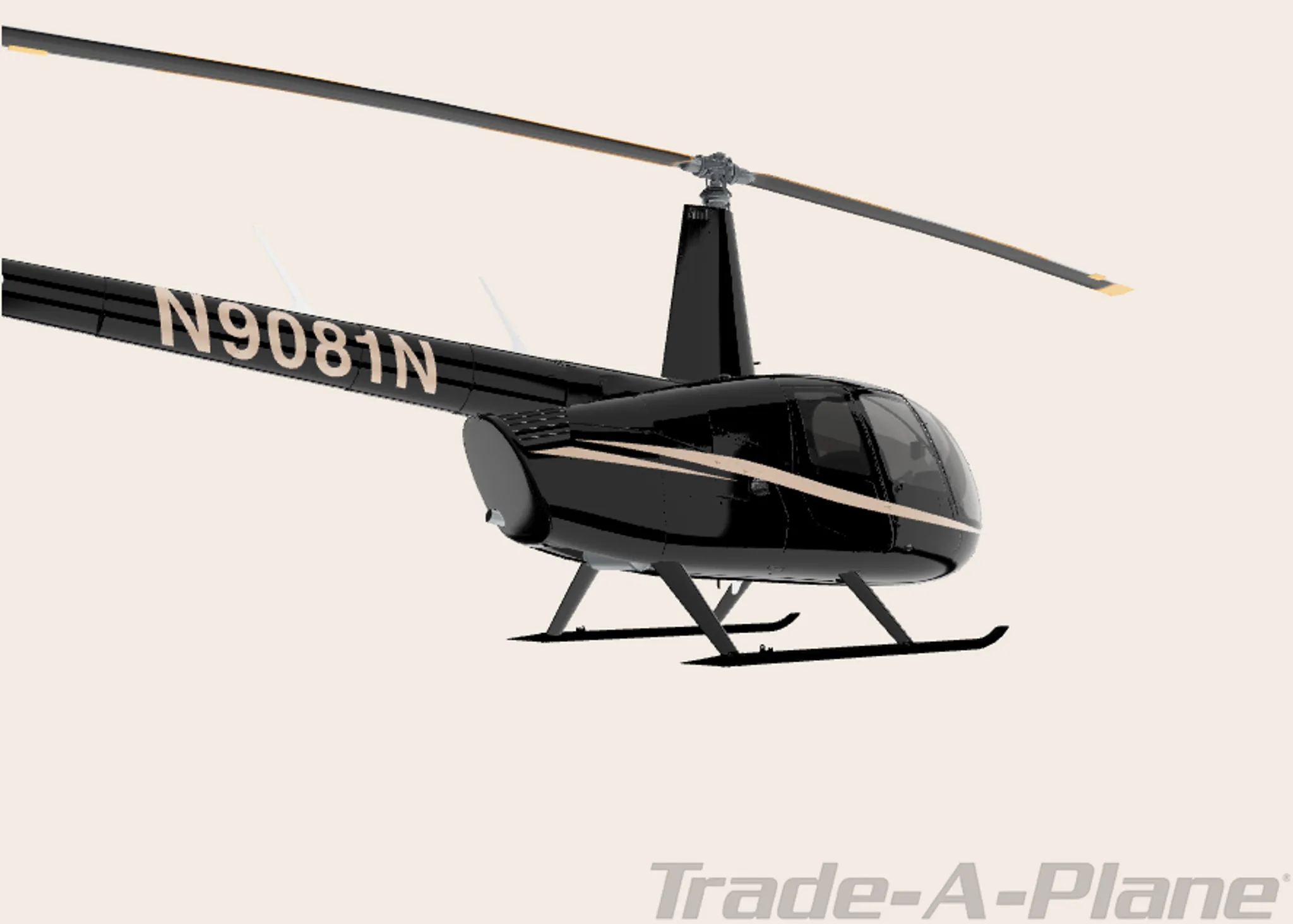 Three-quarter side view of a black Robinson R44 helicopter with a tan stripe and registration N9081N.