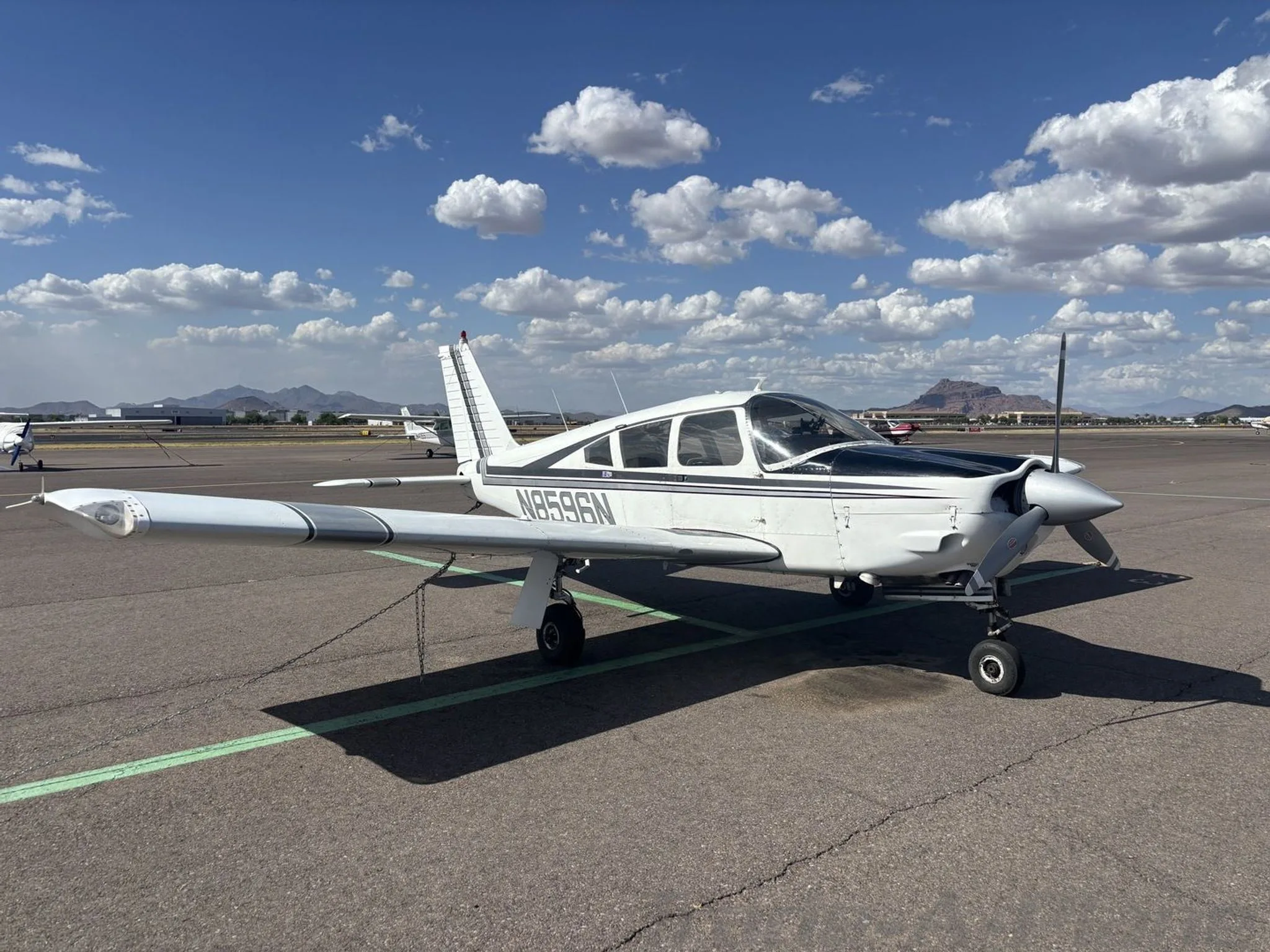 A white and black Piper Cherokee aircraft (N8596N) is parked on an airport tarmac under a partly cloudy sky.