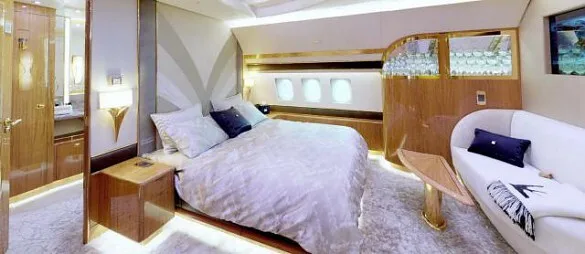 Luxurious bedroom setup inside the aircraft.