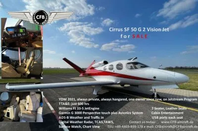 A white and red Cirrus SF50 G2 Vision Jet on an airfield, with inset photos of its cockpit and interior.