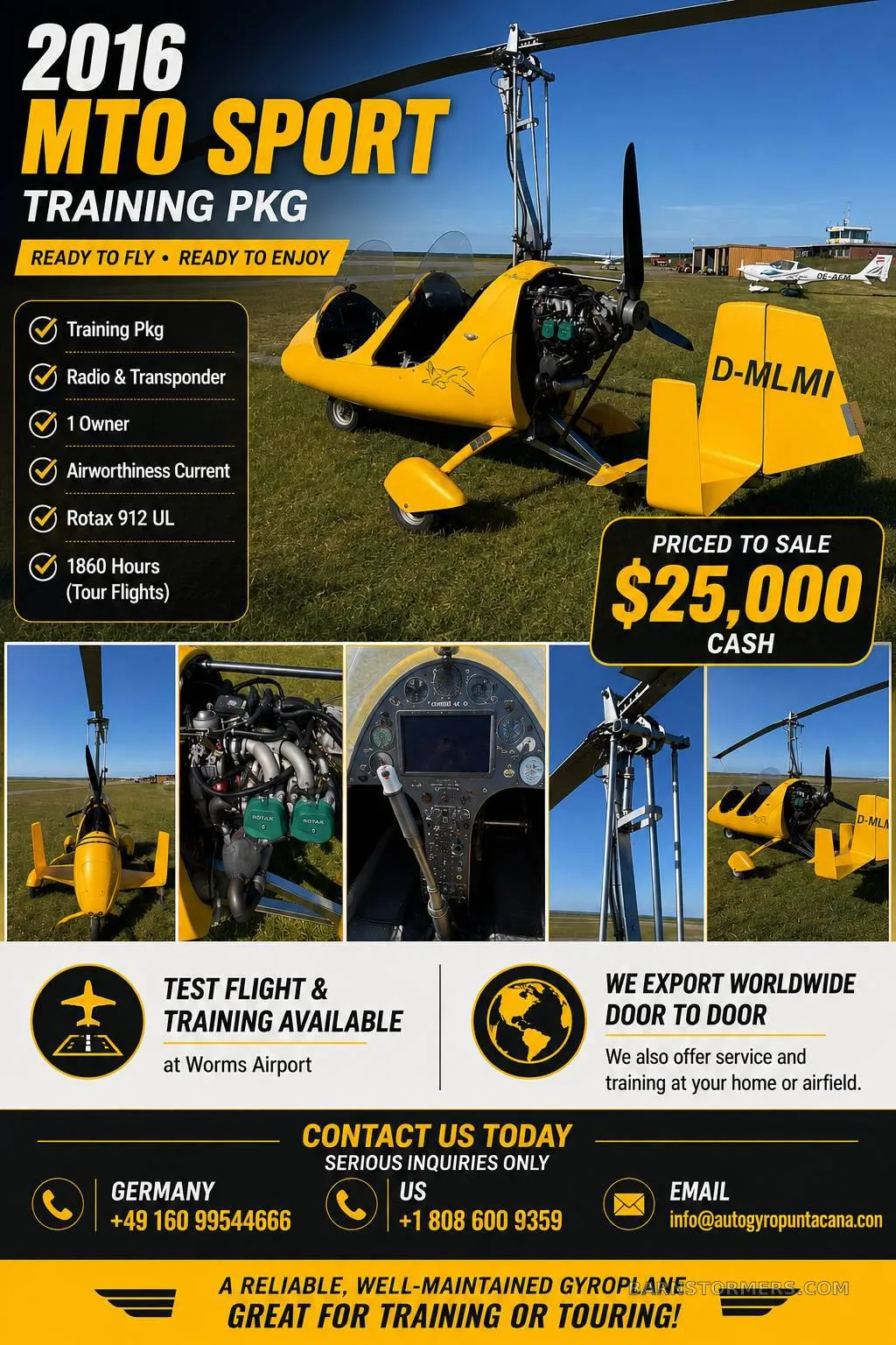A yellow 2016 MTO Sport autogyro (D-MLMI) with a Rotax 912 UL engine, parked on grass at an airfield, with an advertisement overlay.