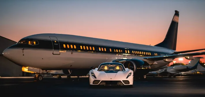 A Boeing 737 BBJ in a dark blue and white livery parked on an airfield at sunset, with a white sports car in the foreground.