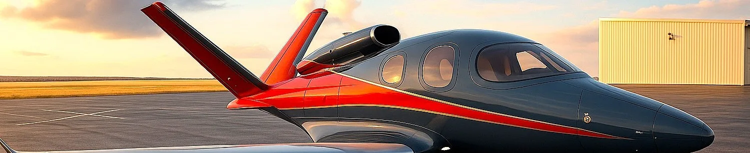 A dark grey and red Cirrus Vision Jet parked on an airfield tarmac at sunset, with a hangar in the background.