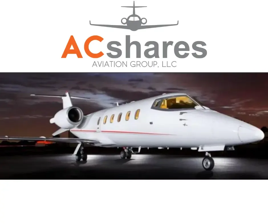 A white business jet with red pinstripes parked on a tarmac at dusk, with the ACshares logo overlaid.