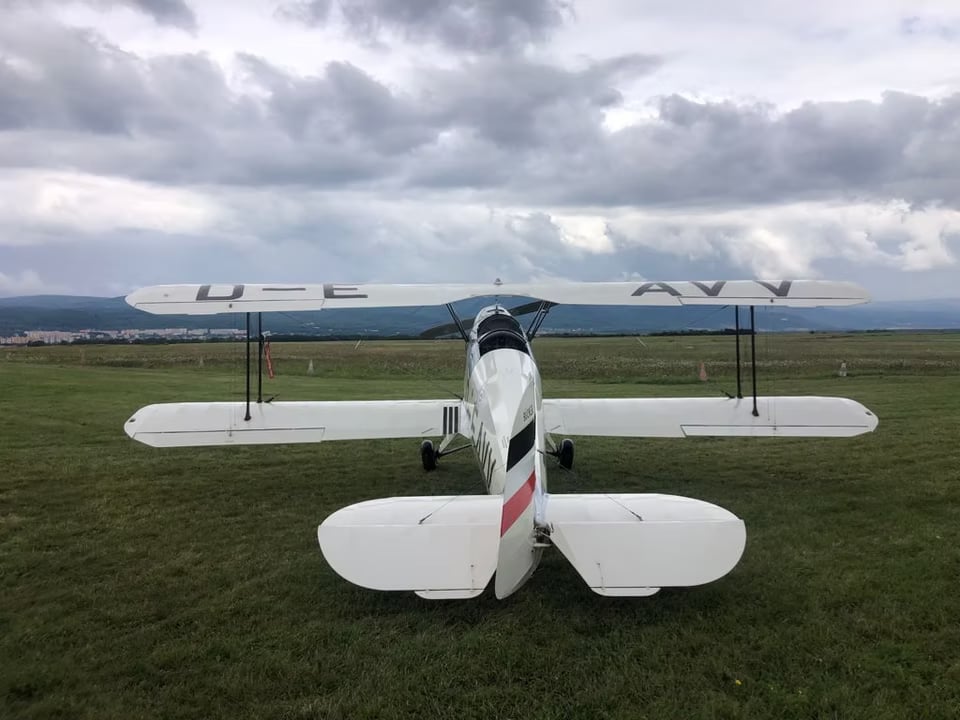 Rear view of the D-EAVV biplane parked on a grassy airfield.