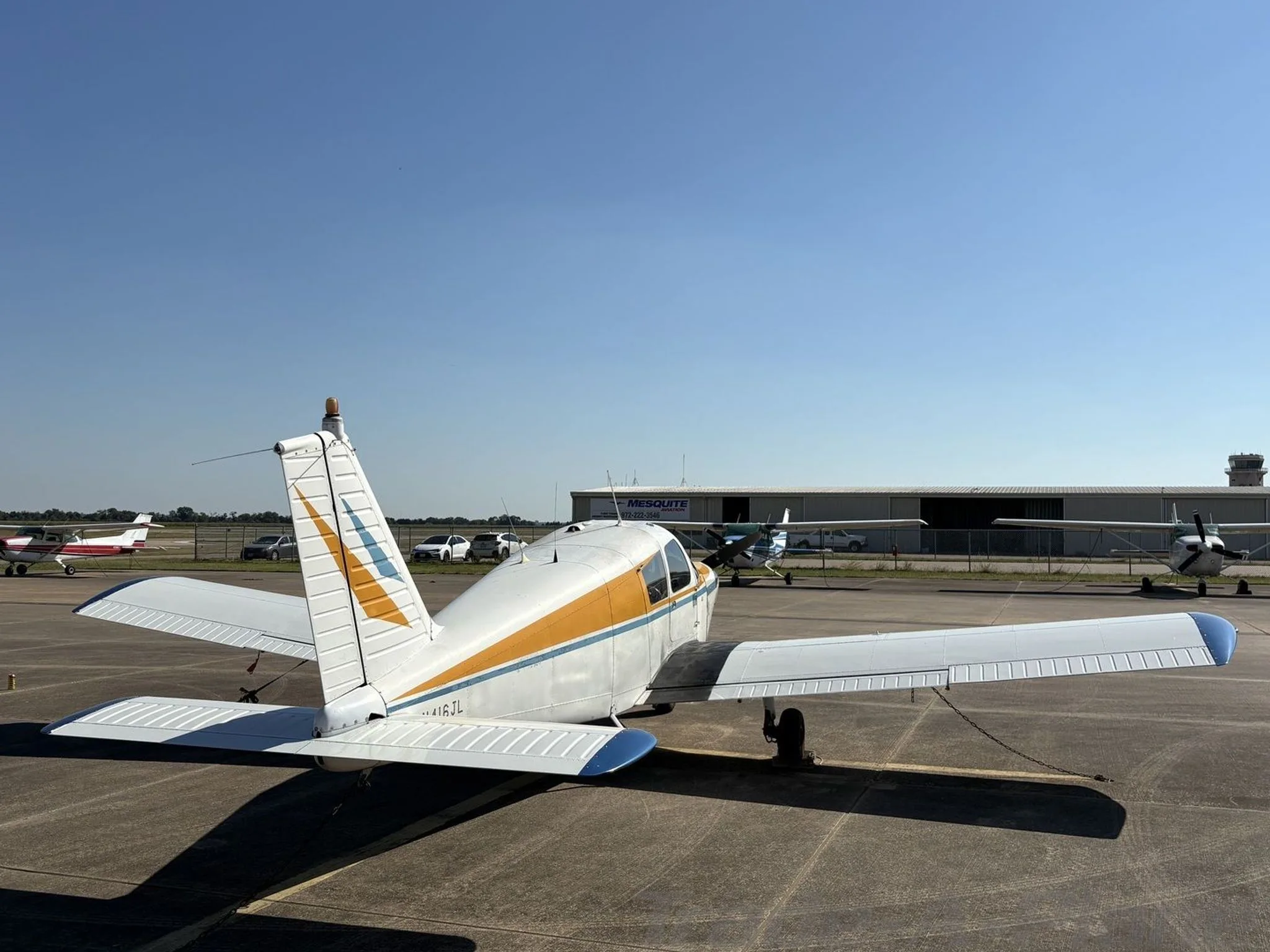 A rear angle of the aircraft showcasing its tail.
