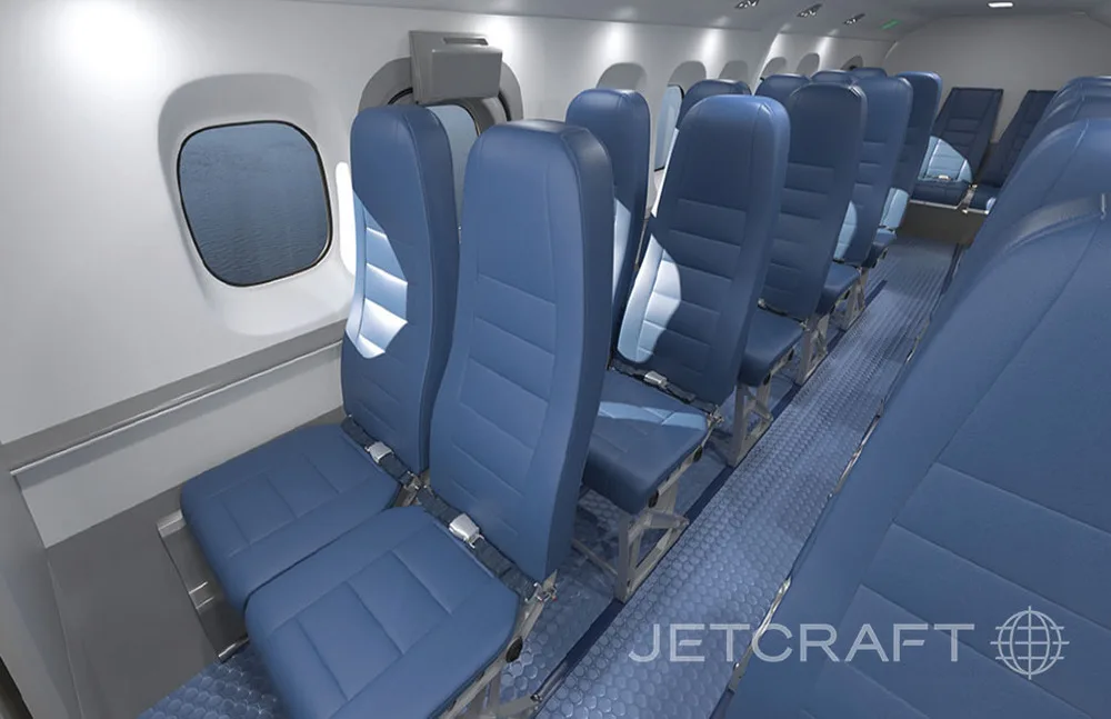 An aircraft cabin rendering with rows of blue passenger seats and windows.