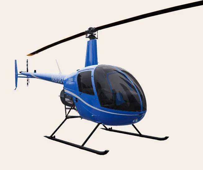 A blue Robinson R22 helicopter with registration N9081N, viewed from the front-right, against a plain background.