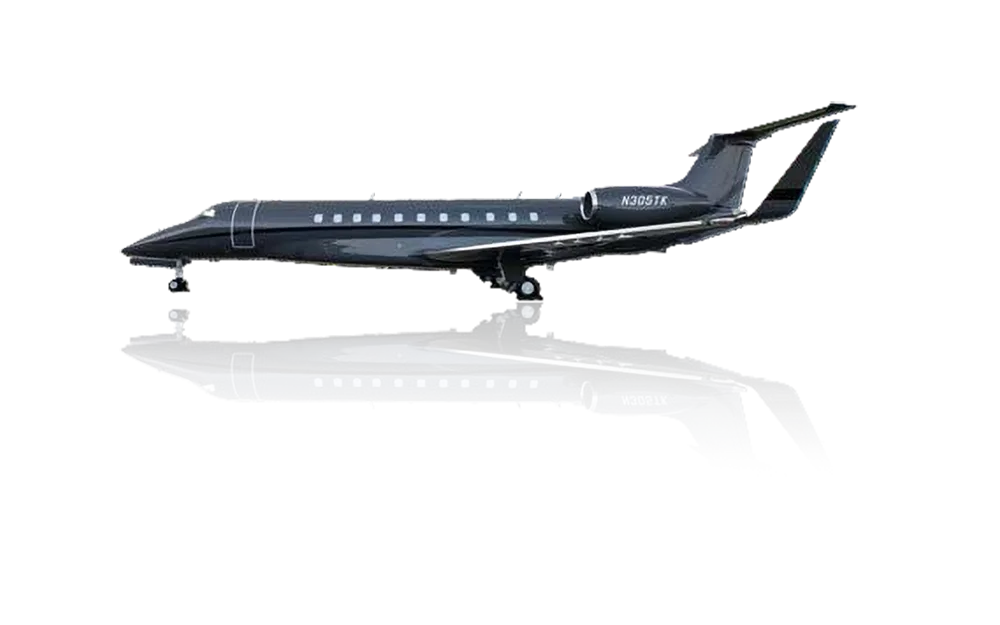 A stylized graphic of a dark grey Embraer Legacy 600 business jet (N305TK) mirrored vertically.