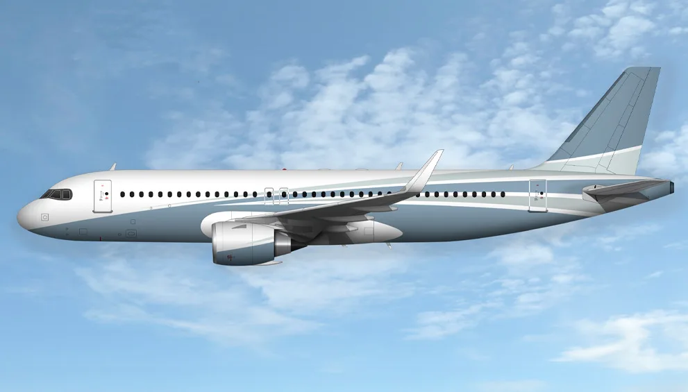 A side view of a generic narrow-body jet aircraft with a white and grey/blue wave livery against a cloudy sky.