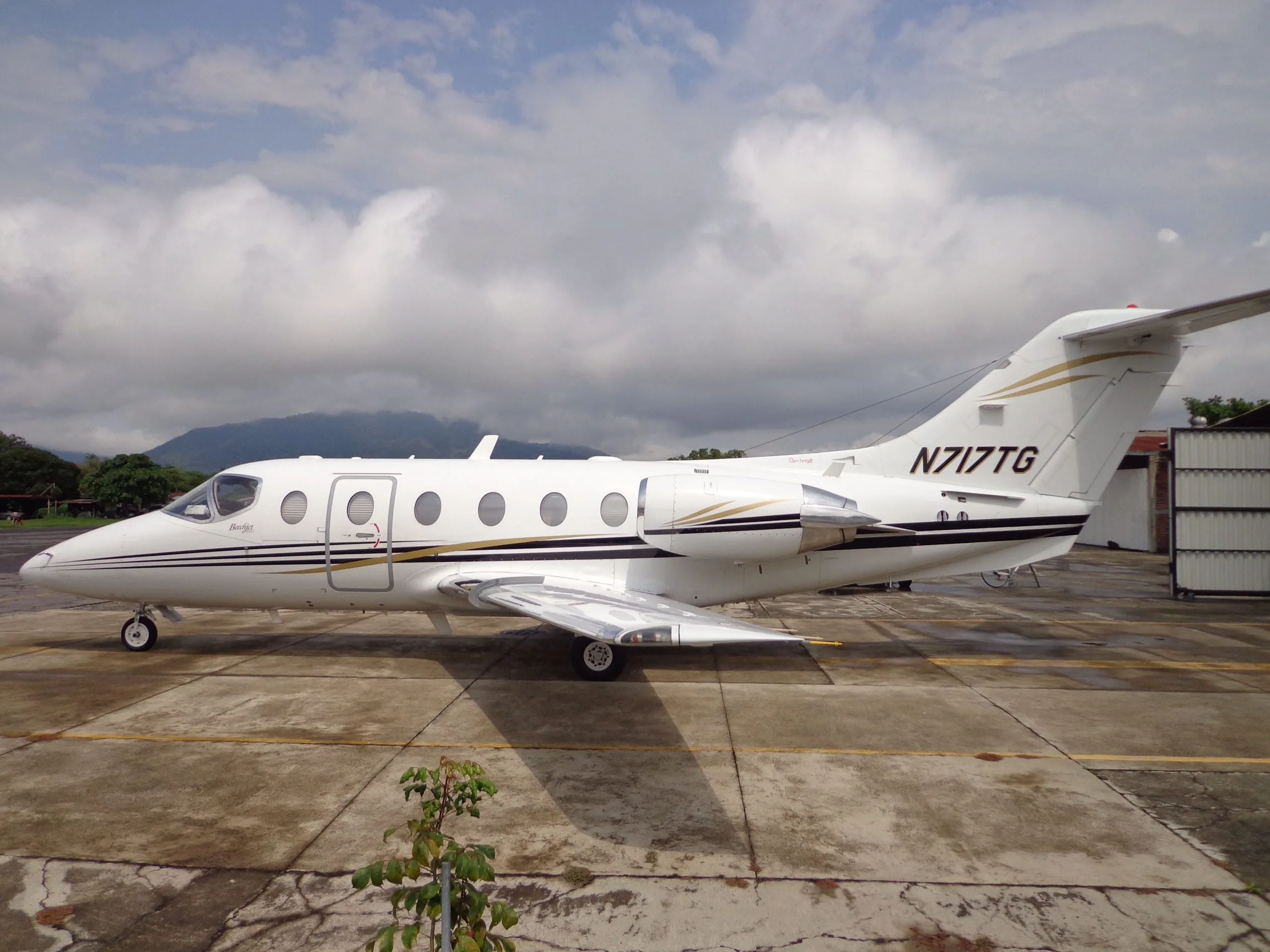 A white Beechjet 400A with gold and black stripes, registration N717TG, parked on a wet tarmac under a cloudy sky.