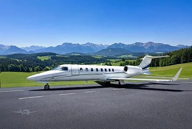 A white business jet with blue accents is parked on an asphalt surface with green hills and mountains in the background under a clear blue sky.