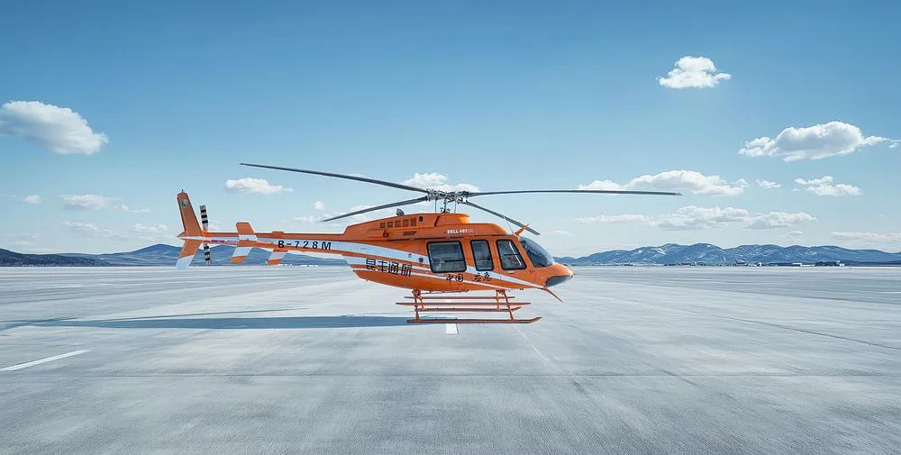 An orange and white Bell 407 helicopter with registration B-728M on a snowy airfield with mountains in the background.